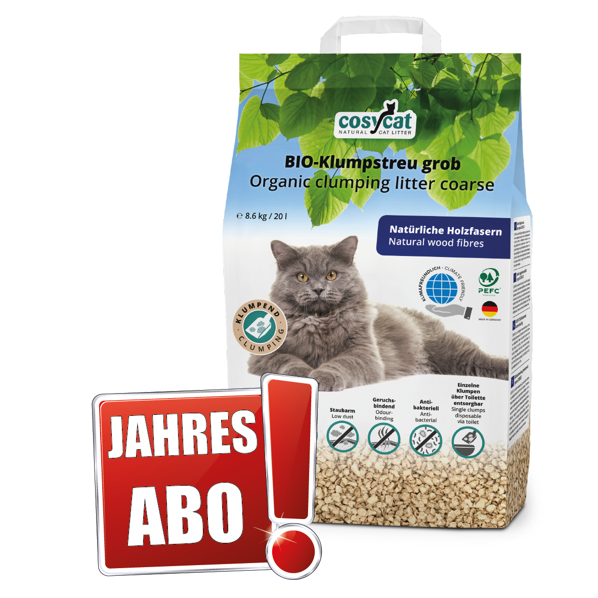 COSYCAT BIO-Klumpstreu 25.8kg / 60L (3 Beutel à 8.6kg / 20L) Jahresabo