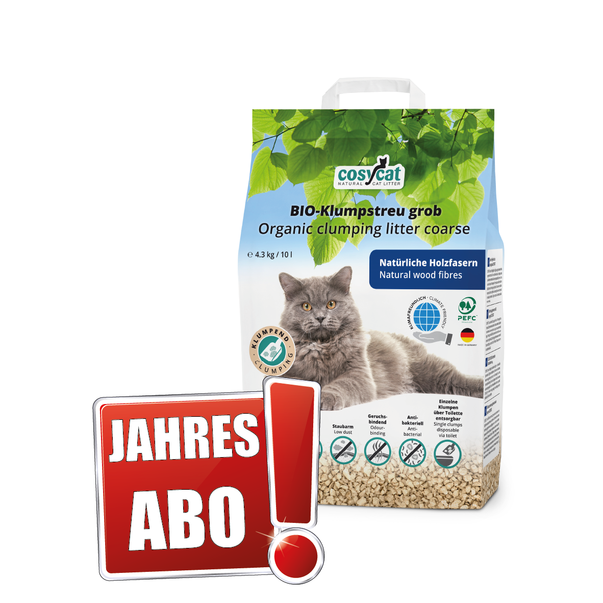 COSYCAT BIO-Klumpstreu 17.2kg / 40L (4 Beutel à 4.3kg / 10L) Jahresabo
