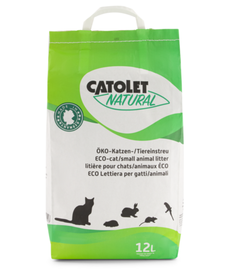 CatOlet Natural eco-cat litter bag with handle, 12L, featuring green and white design and cat silhouettes