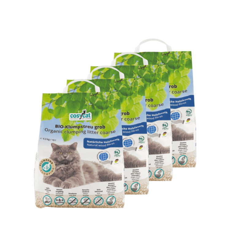 Pack of CosyCat organic clumping cat litter (coarse grade) shown as overlapping green-leaf bags.