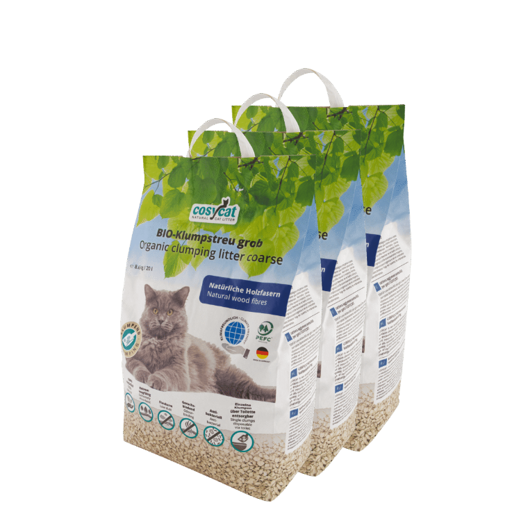 Three CosyCat organic clumping cat litter bags with a green leaf design, a gray cat image on the front, and visible wood-fibre pellets at the bottom, stacked together.